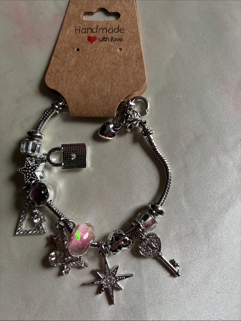 AND Silver Charm Bracelet with Pink Opalescent Bead